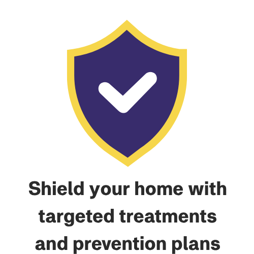 Shield with check mark icon and text promoting home protection with targeted treatments and prevention plans.