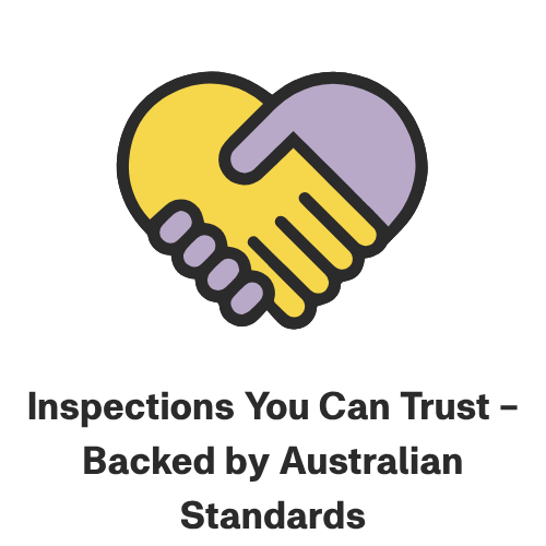 A graphic of two hands shaking, colored yellow and purple, with the text "Inspections You Can Trust - Backed by Australian Standards" below.
