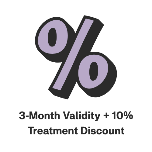 Purple percentage symbol with message indicating a 10% treatment discount for a 3-month validity.