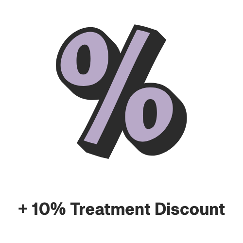 Purple percentage symbol with text indicating a 10% treatment discount.