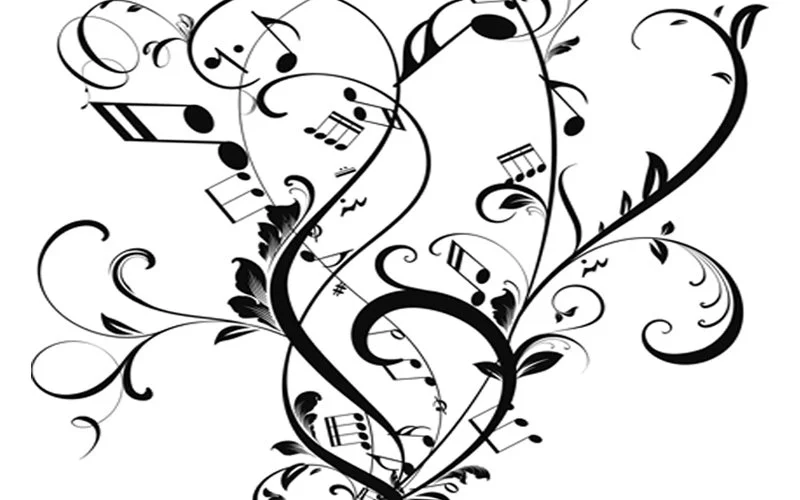 Black and white illustration of swirling musical notes and decorative flourishes forming a heart shape.