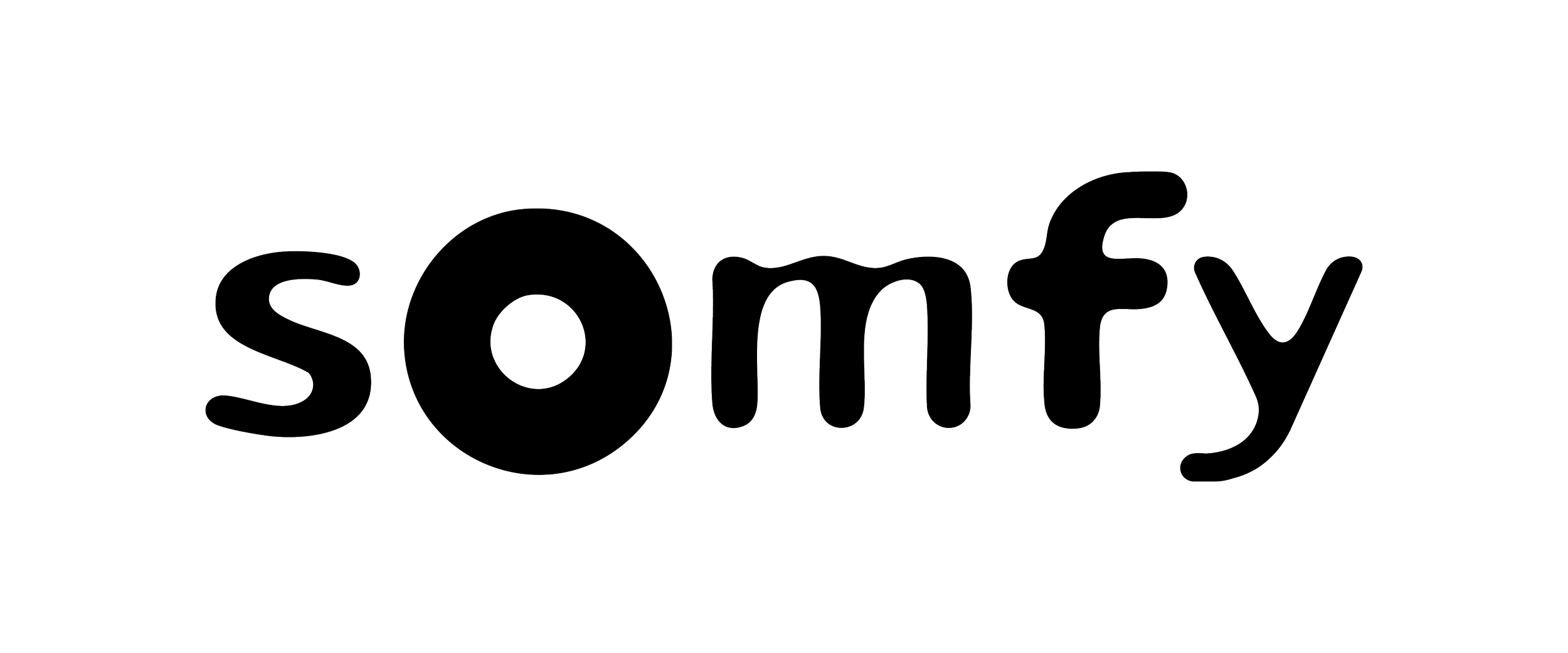 A black and white graphic of the Somfy logo outlined in white, stylized with a playful, rounded font.