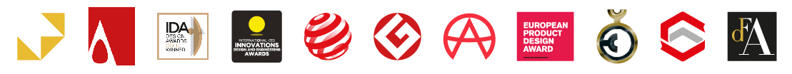 A series of 11 award logos, including the Red Dot Design Award, IDA International Design Award, and European Product Design Award, arranged in a horizontal row.