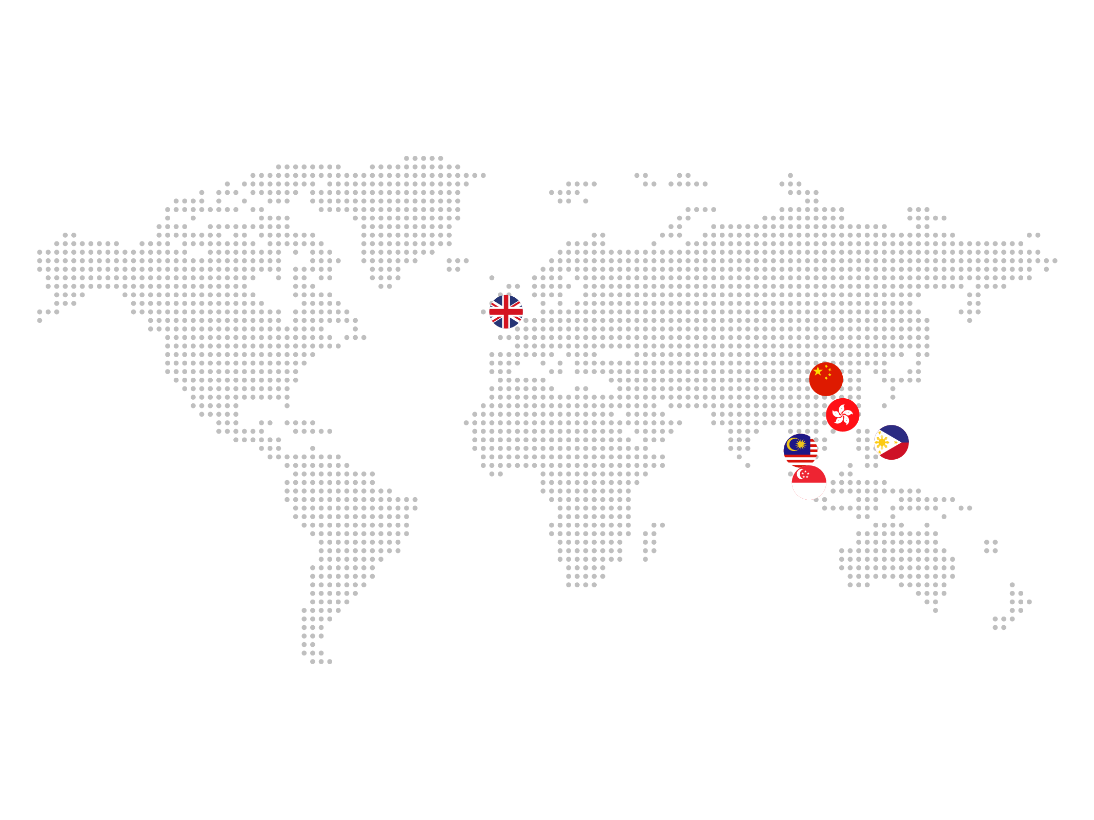 World map made of small dots with country flags in Asia region, including Hong Kong, Macau, China, and Malaysia, displayed as icons.