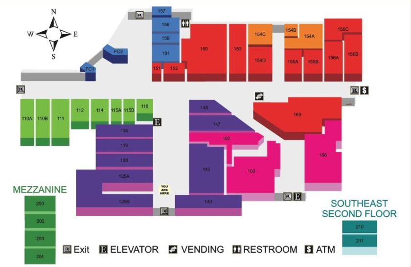 Floor plan of a building's second floor, showing different sections in red, orange, yellow, pink, purple, and green. It includes labels for exits, elevators, vending machines, restrooms, ATMs, and a "You Are Here" marker.