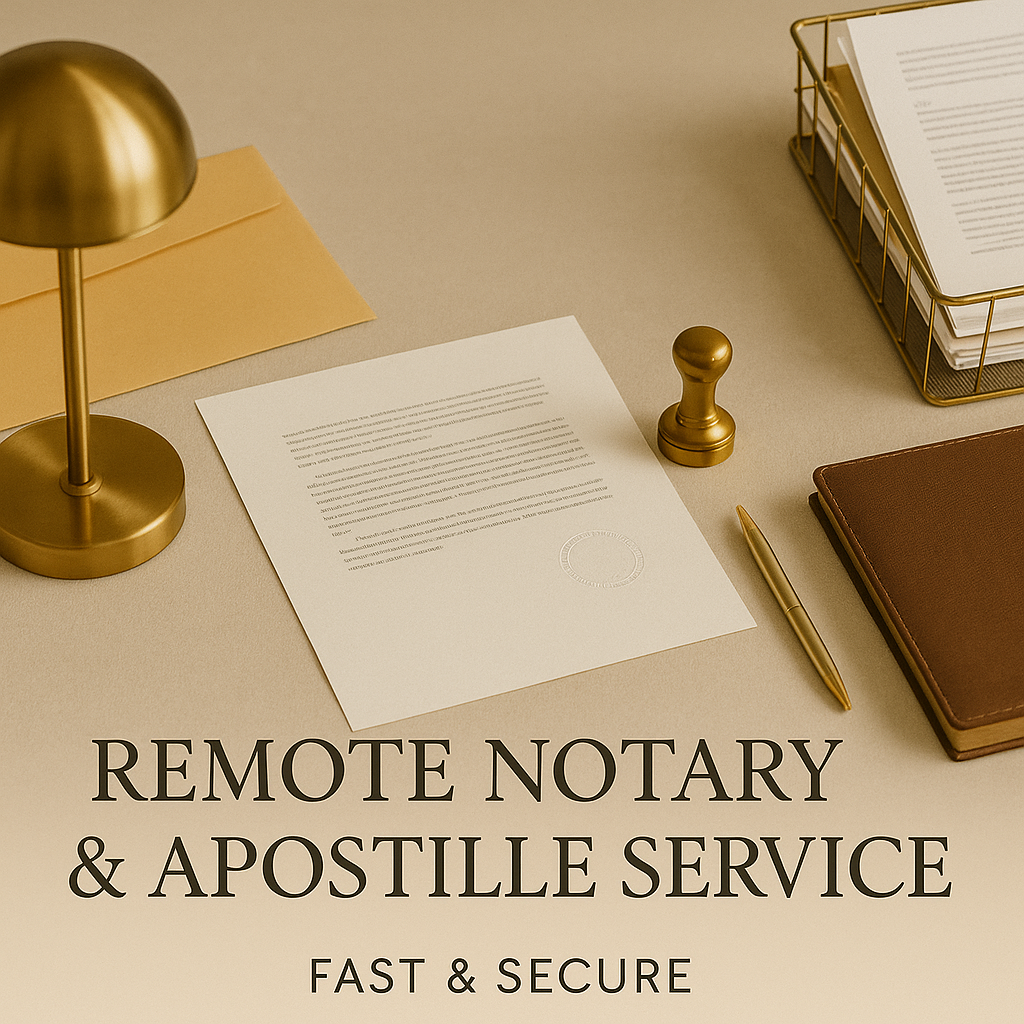 A desk with a gold lamp, a page of text, a gold stamp, a pen, a brown leather folder, a yellow envelope, and a gold wire tray with papers. Text overlay reads 'Remote Notary & Apostille Service, Fast & Secure.'