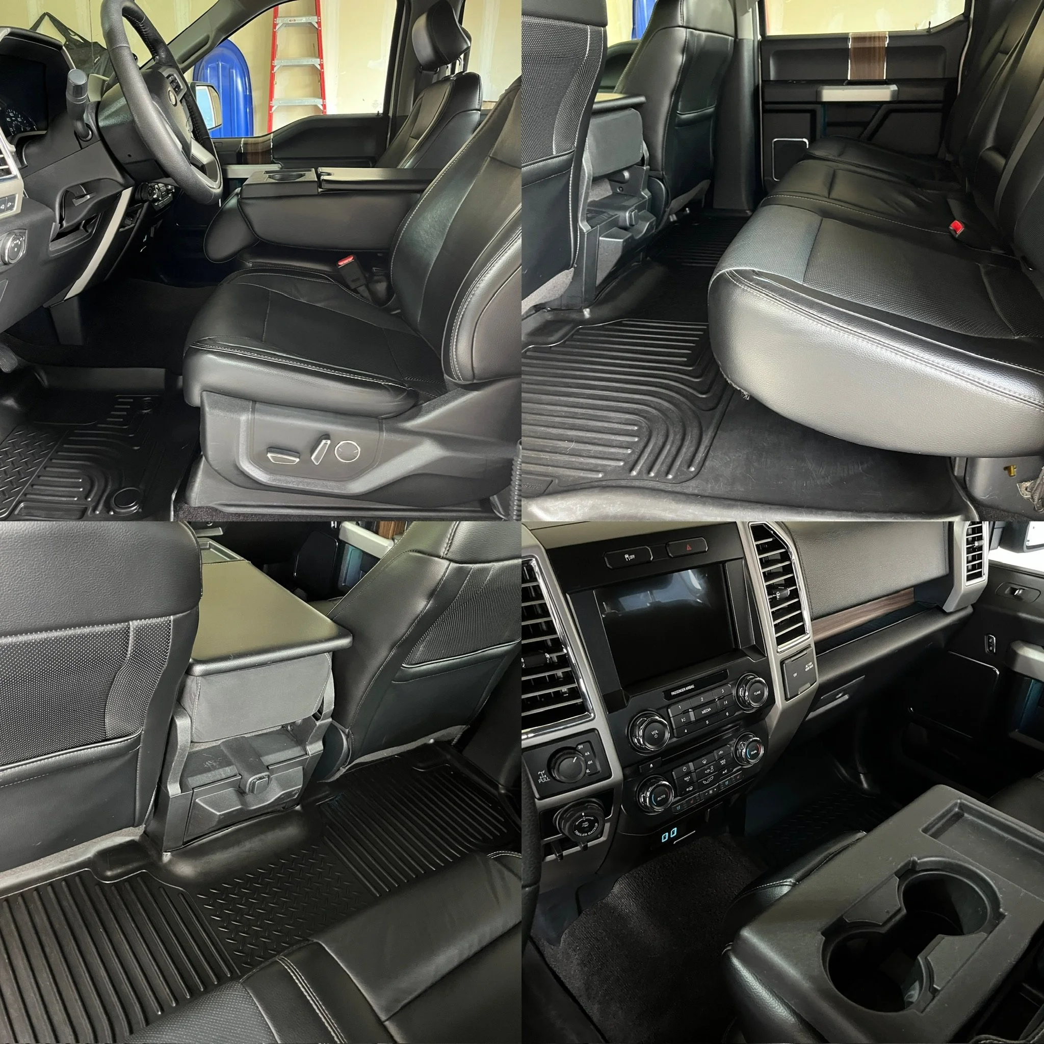 Interior of a vehicle showing front and rear seats, center console with infotainment system, and rubber floor mats.