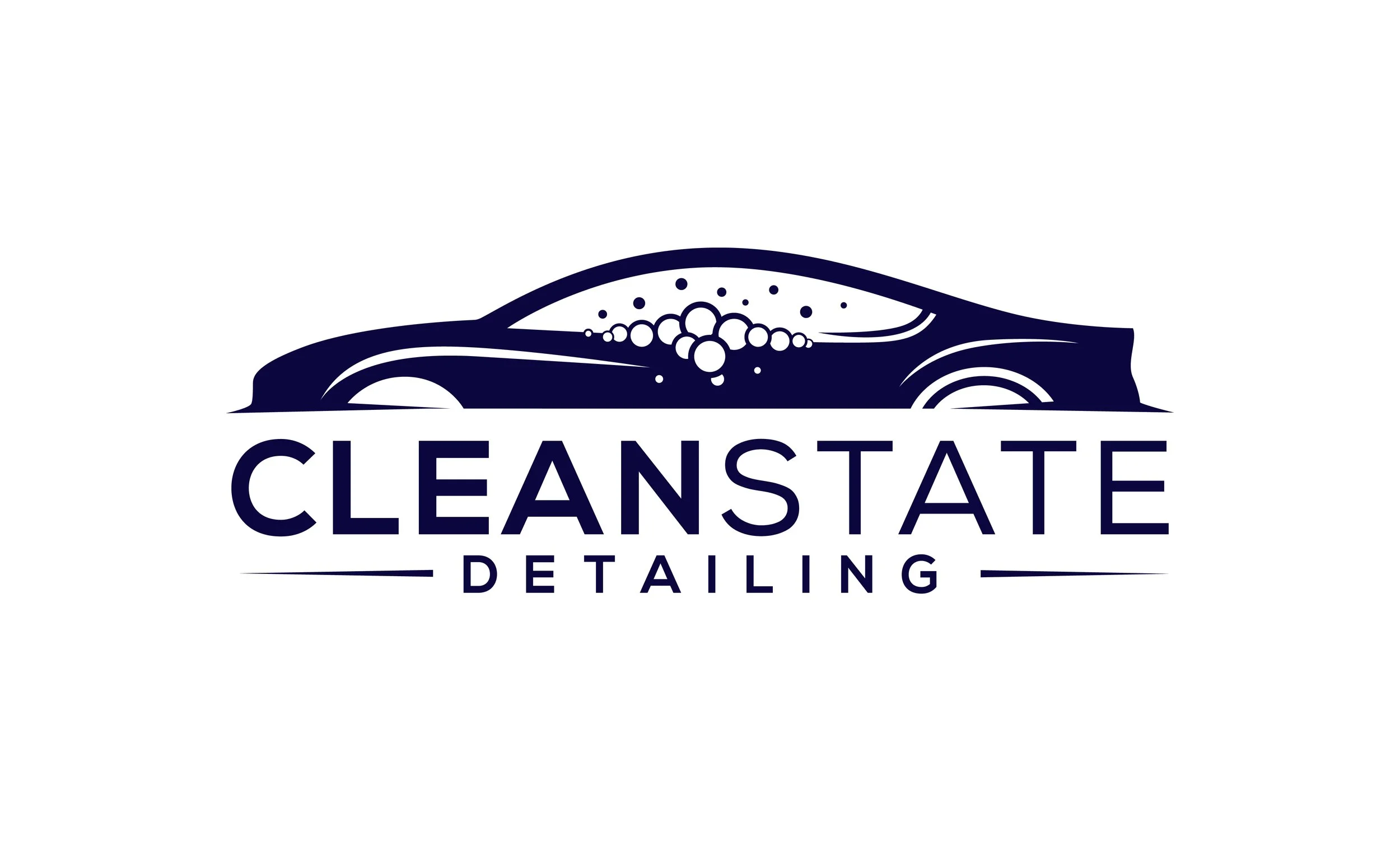 Logo for CleanState Detailing featuring a stylized dark blue car silhouette with bubbles in the middle, and the text 'CLEANSTATE' above 'DETAILING' with a thin line on each side.