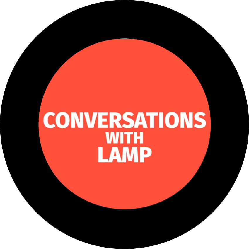 Red circle with white bold text that reads "Conversations with Lamp" on a black background.