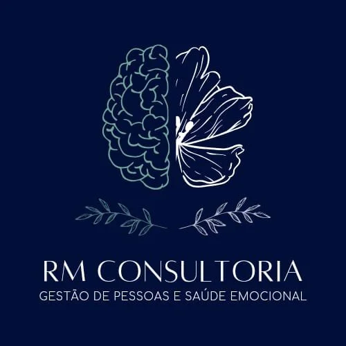 Logotipo com uma ilustração estilizada de um cérebro e uma borboleta, com ramos ao redor, e o texto indicando 'RM Consultoria' e 'Gestão de Pessoas e Saúde Emocional'.
