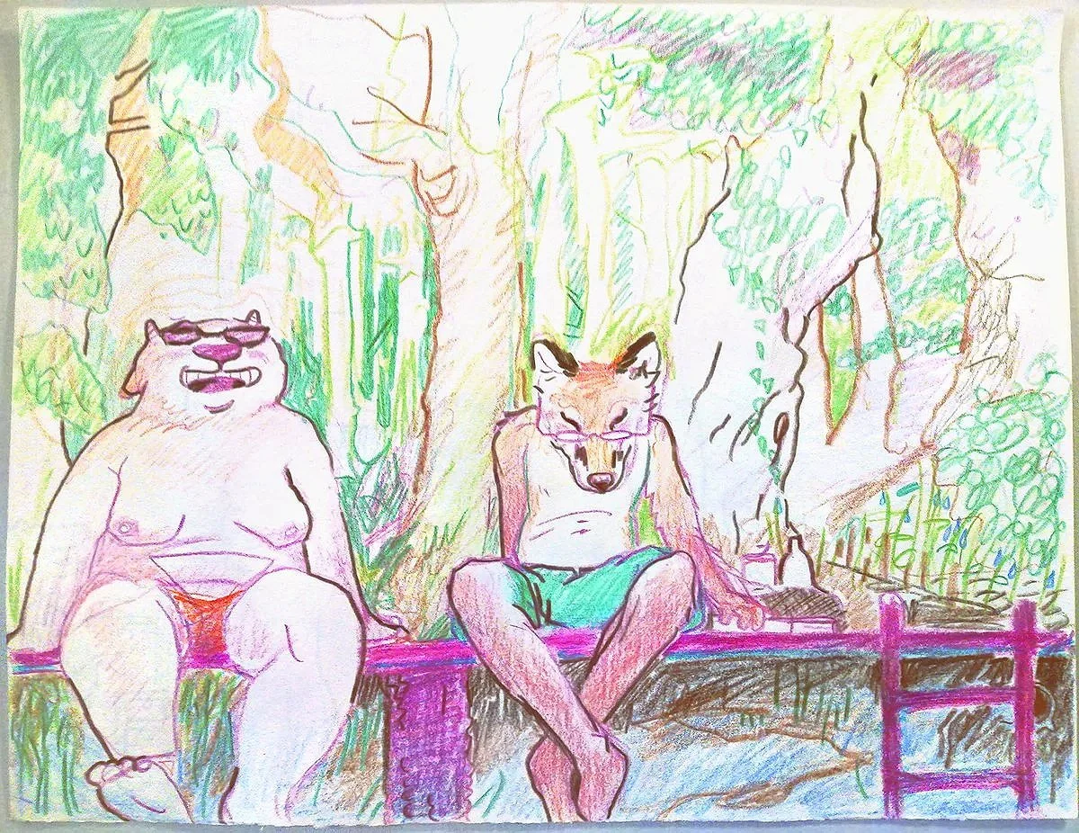 bacchus and fox by the lake, pencil drawing, 2020