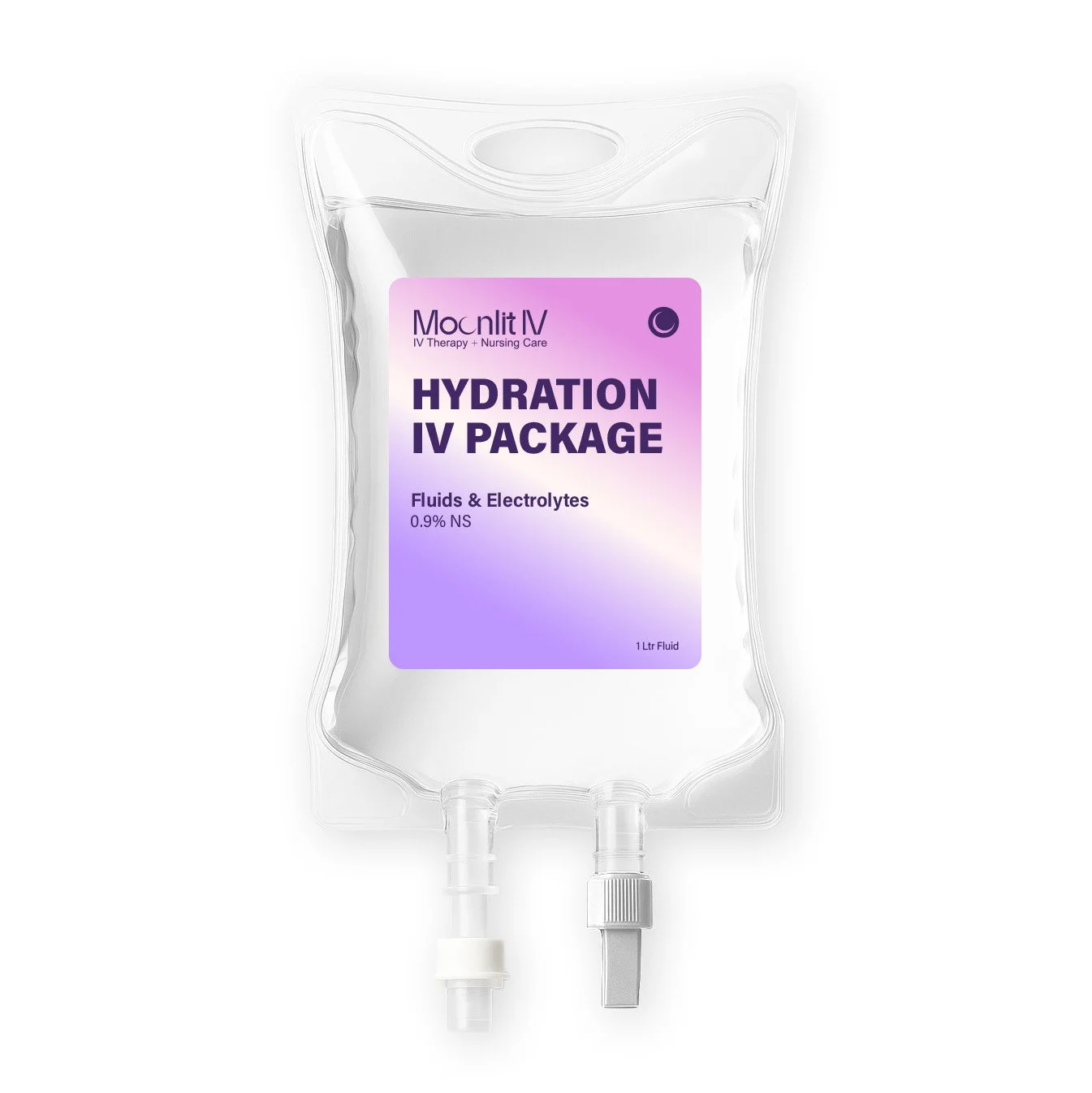 A clear IV bag labeled 'Hydration IV Package' containing fluids and electrolytes, with a purple gradient label and two tubing ports at the bottom.