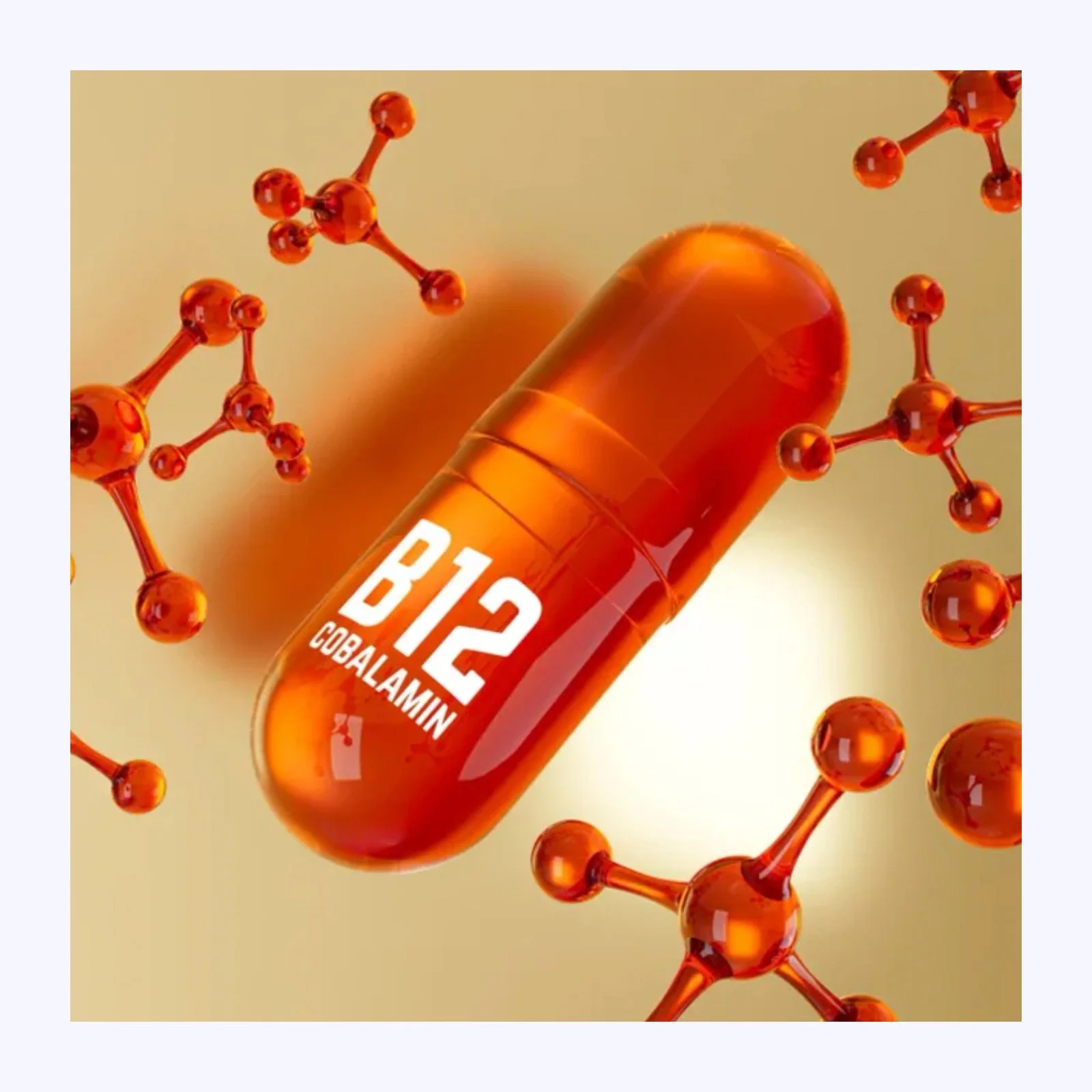 A digital illustration of a capsule labeled 'B12 COBALAMIN' surrounded by molecular structures.