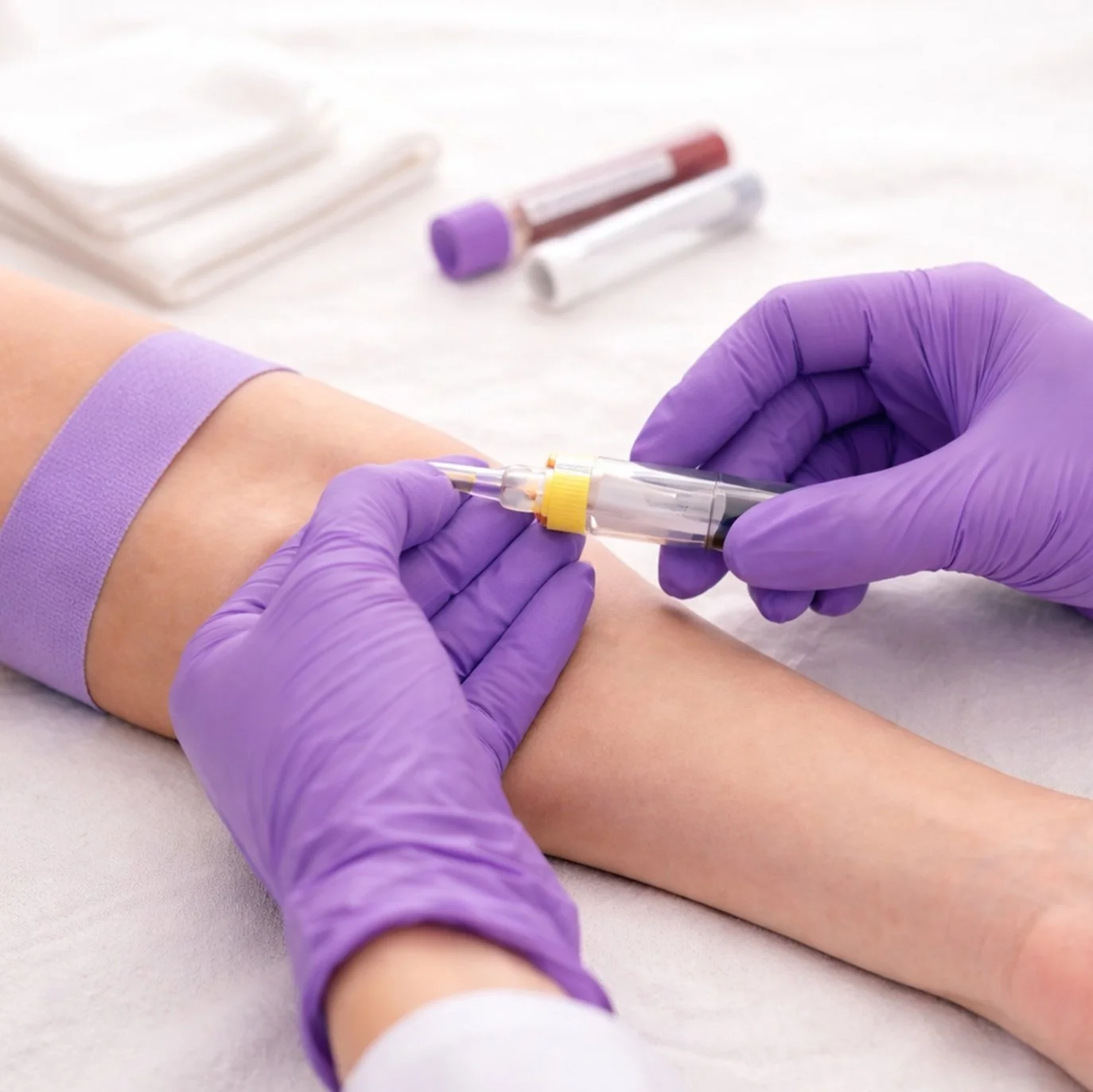 A healthcare professional wearing purple gloves administering an injection into a patient's arm using a syringe. Medical supplies, including test tubes and cotton swabs, are visible on a white surface in the background.