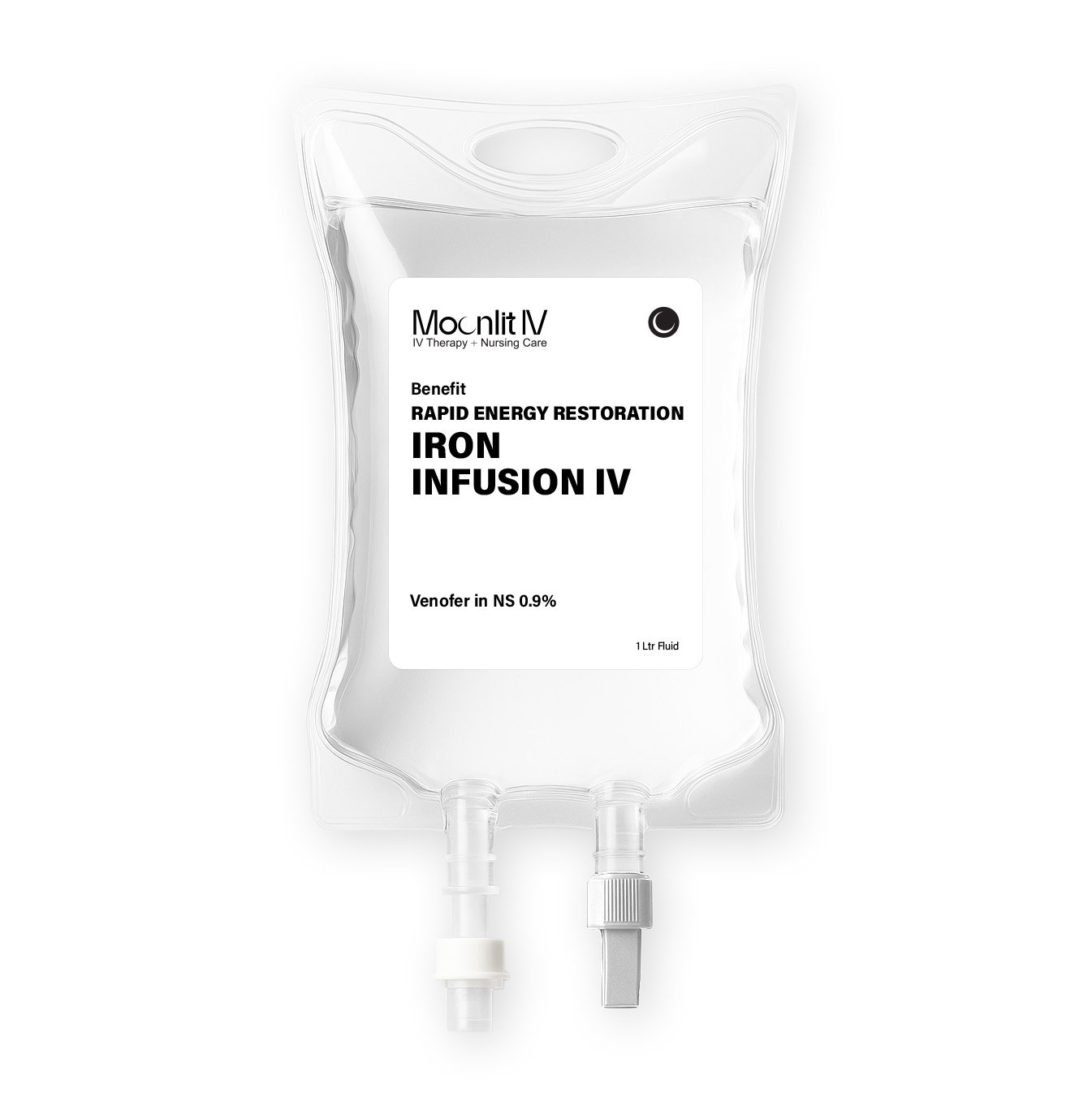 A clear IV bag labeled 'Moonlit IV' containing medication 'Iron Infusion IV Package' with a purple and peach gradient label, visible tubing at the bottom, and a white background.
