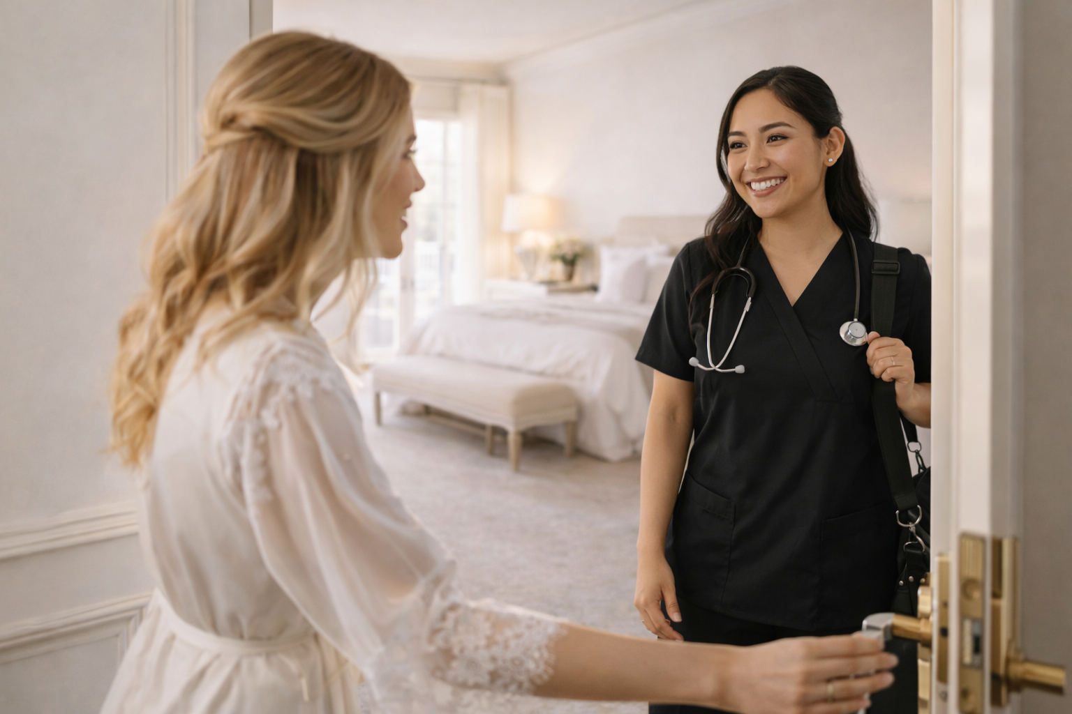 A woman in a white robe about to open a hotel door, greeted by a smiling female healthcare worker wearing black scrubs and a stethoscope.