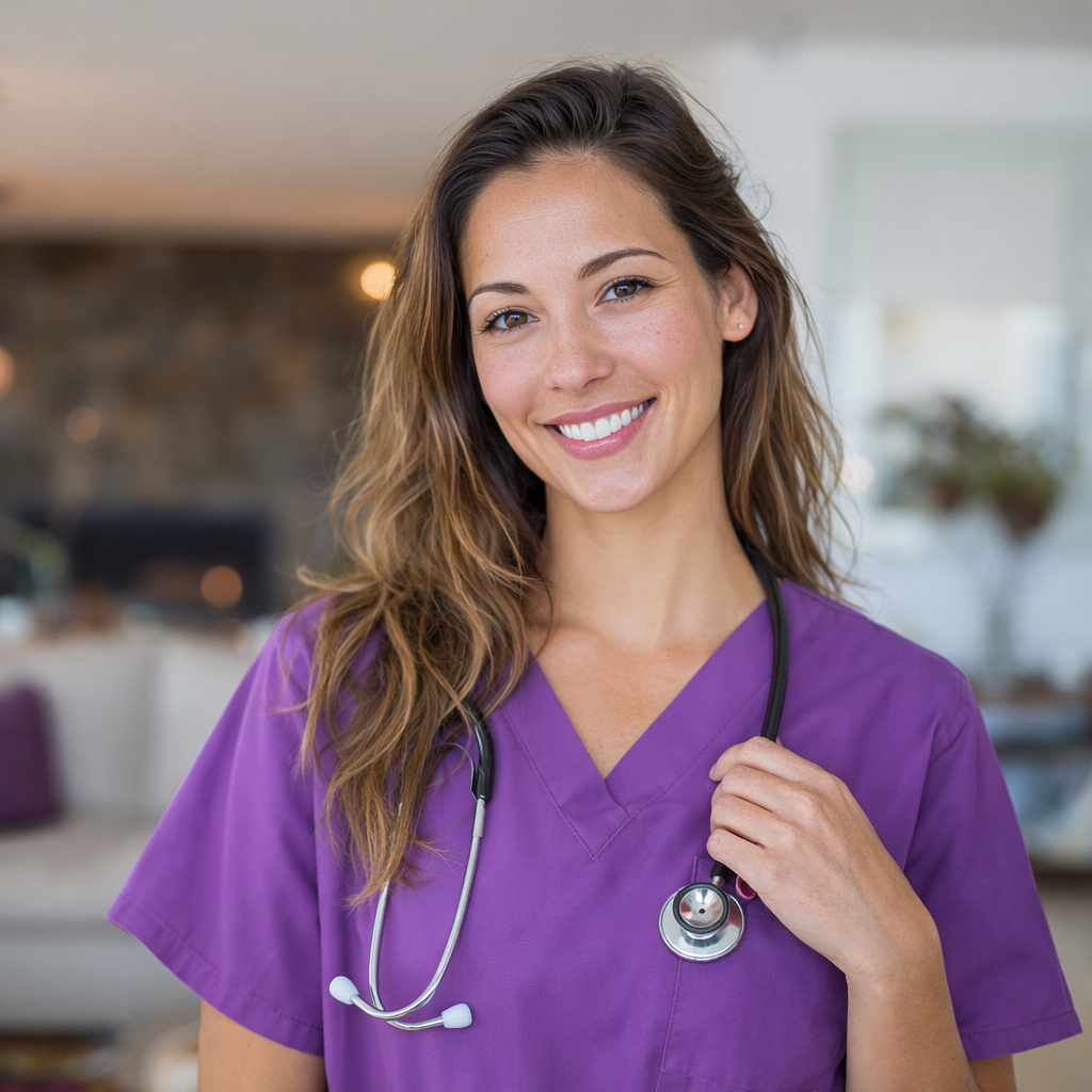A woman in a purple medical uniform smiling and looking at a patient lying down.