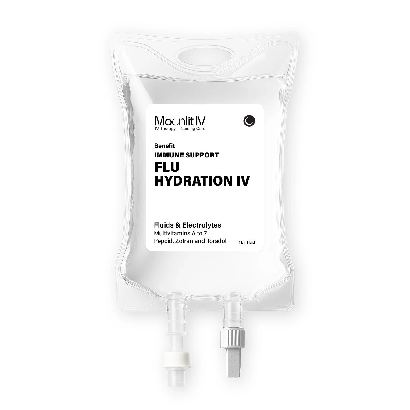 A transparent IV hydration bag labeled 'Flu Hydration IV Package' containing fluids and electrolytes, with two outlet ports at the bottom.