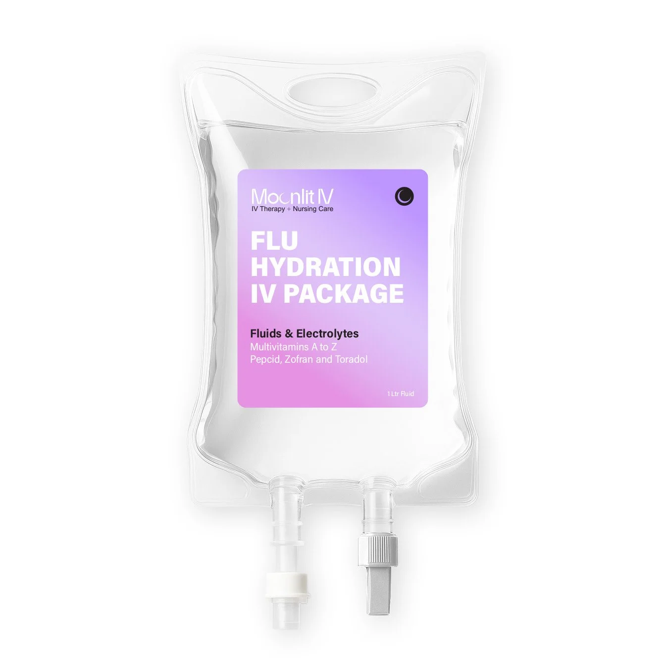 A transparent IV hydration bag labeled 'Flu Hydration IV Package' containing fluids and electrolytes, with two outlet ports at the bottom.