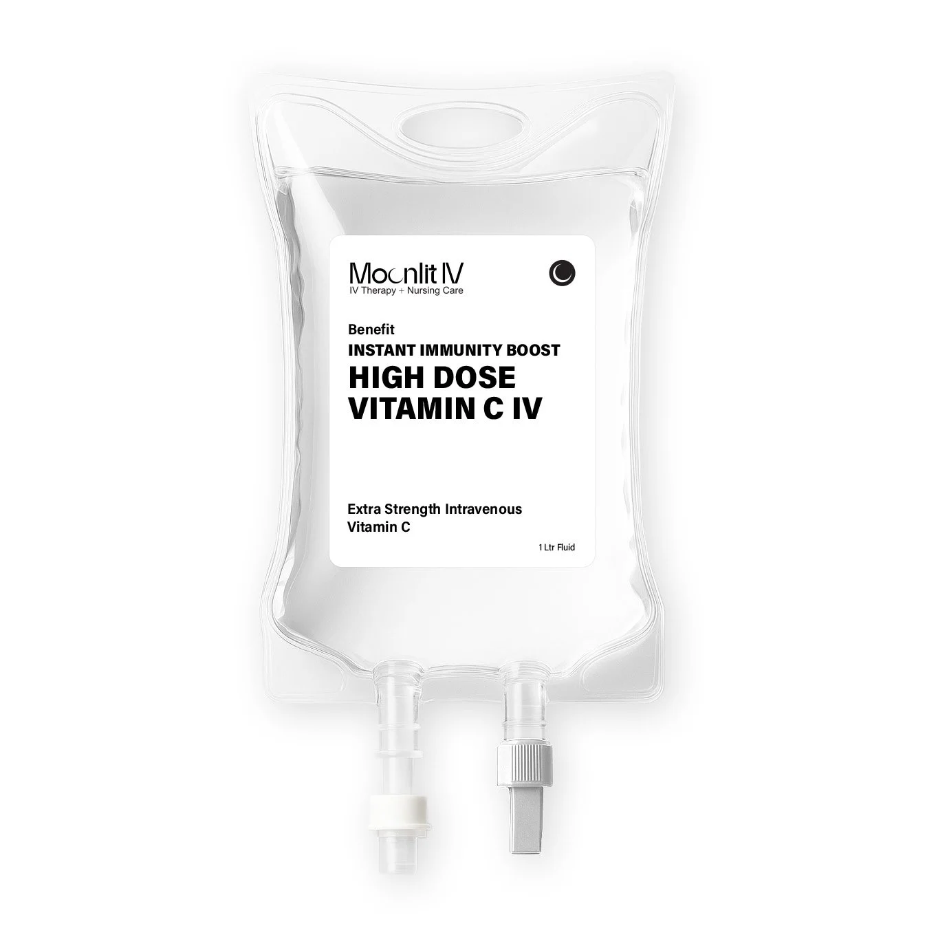 A IV bag labeled "High Dose Vitamin C IV Package" containing intravenous fluid, with purple and peach gradient labeling.