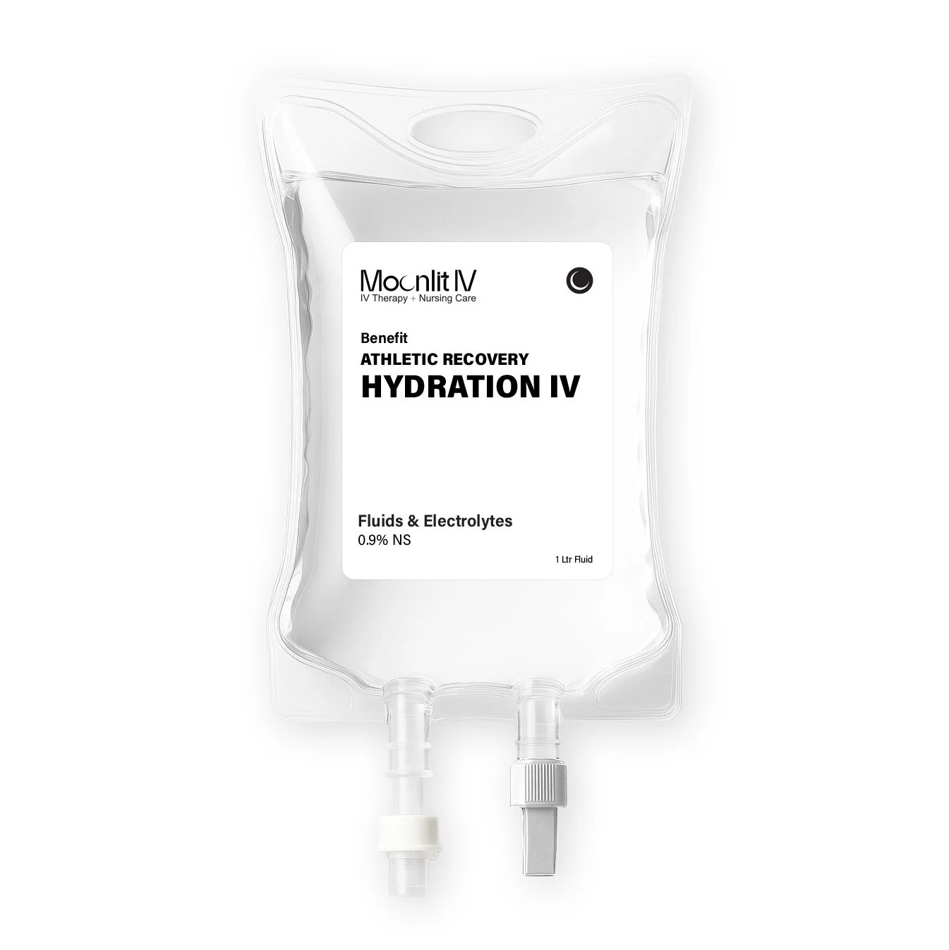 A clear IV bag labeled 'Hydration IV Package' containing fluids and electrolytes, with a purple gradient label and two tubing ports at the bottom.