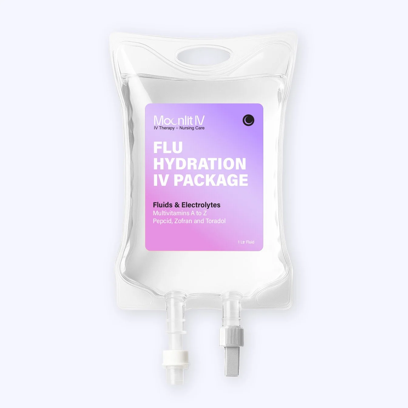 A transparent IV hydration bag labeled 'Flu Hydration IV Package' containing fluids and electrolytes, with two outlet ports at the bottom.