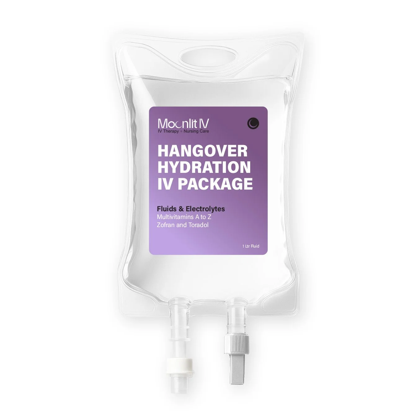 A hydration IV therapy package in a clear plastic bag with a purple label titled 'Hangover Hydration IV Package,' indicating it contains fluids, electrolytes, multivitamins, Zofran, and Toradol for IV therapy.