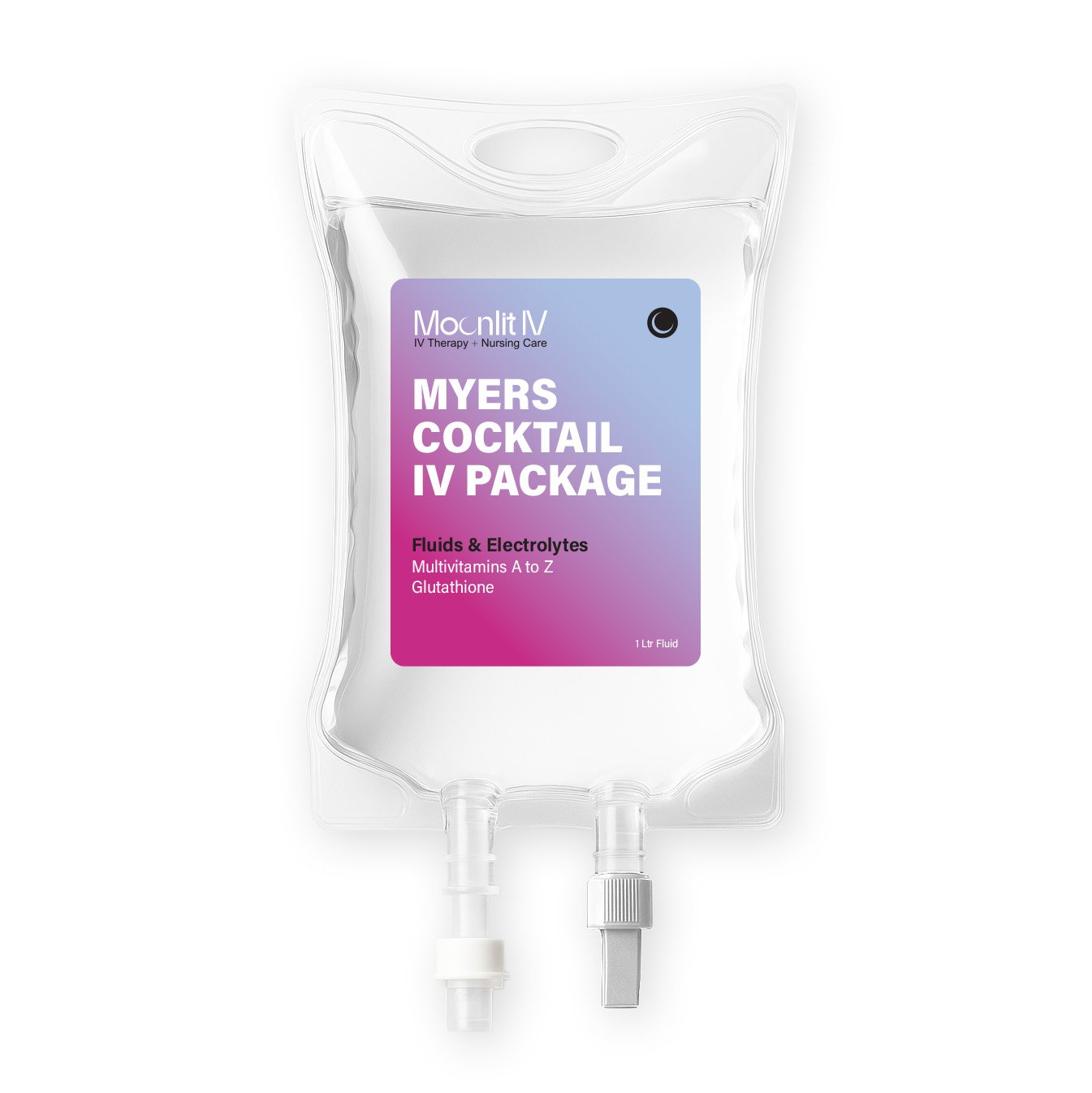 A clear IV fluid bag labeled 'Myers Cocktail IV Package' with purple and pink gradient label, containing fluids and electrolytes, multivitamins, and glutathione.