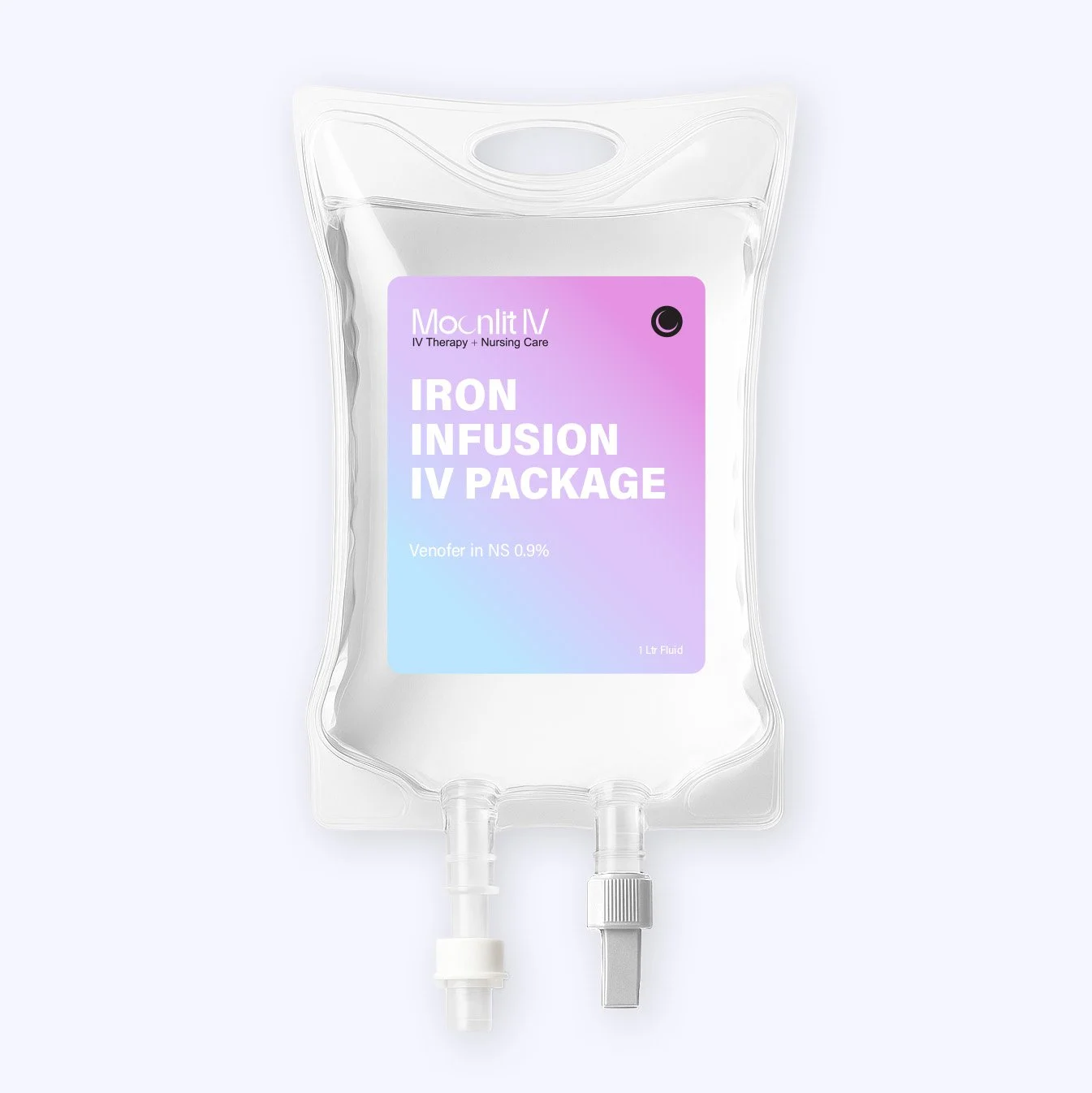 A clear IV bag labeled 'Moonlit IV' containing medication 'Iron Infusion IV Package' with a purple and peach gradient label, visible tubing at the bottom, and a white background.