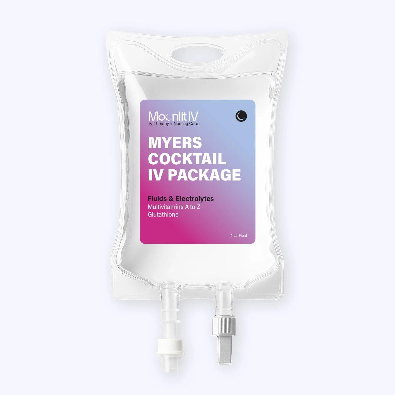 IV medication bag labeled 'Myers Cocktail IV Package' with fluids and electrolytes, multivitamins, and glutathione.
