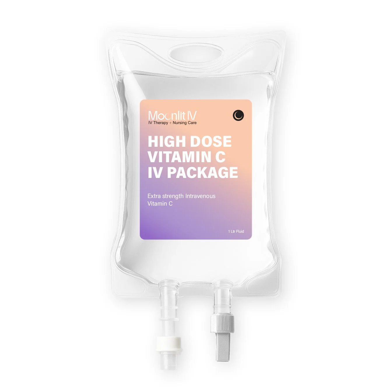 A IV bag labeled "High Dose Vitamin C IV Package" containing intravenous fluid, with purple and peach gradient labeling.