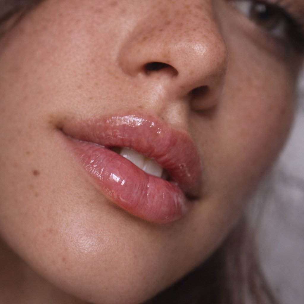 A woman with closed eyes receives a cosmetic injection in her lips from a healthcare professional wearing gloves.