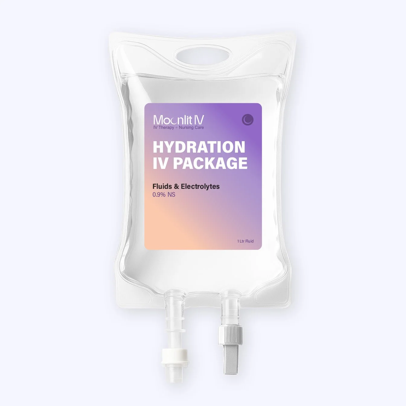 A clear IV bag labeled 'Hydration IV Package' containing fluids and electrolytes, with a purple gradient label and two tubing ports at the bottom.