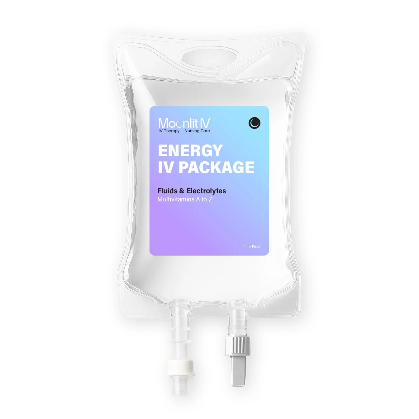 Clear IV fluid bag labeled 'Energy IV Package' from MocNit IV, containing fluids, electrolytes, and multivitamins, with two connecting tubes at the bottom.