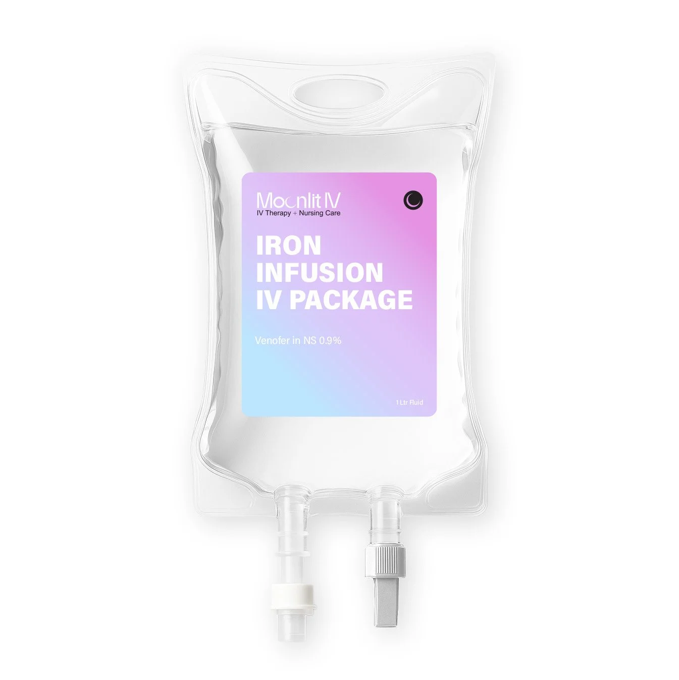 A clear IV bag labeled 'Moonlit IV' containing medication 'Iron Infusion IV Package' with a purple and peach gradient label, visible tubing at the bottom, and a white background.