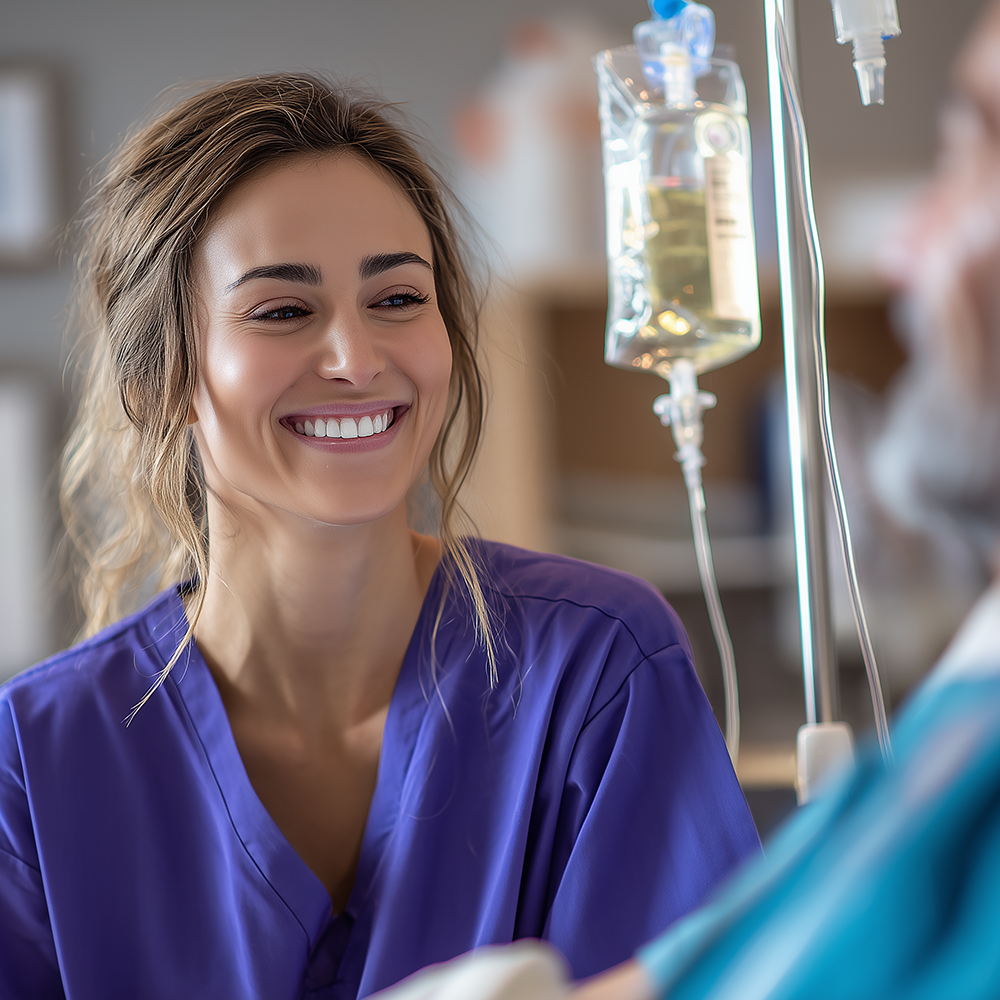 A smiling woman in purple scrubs caring for a patient.