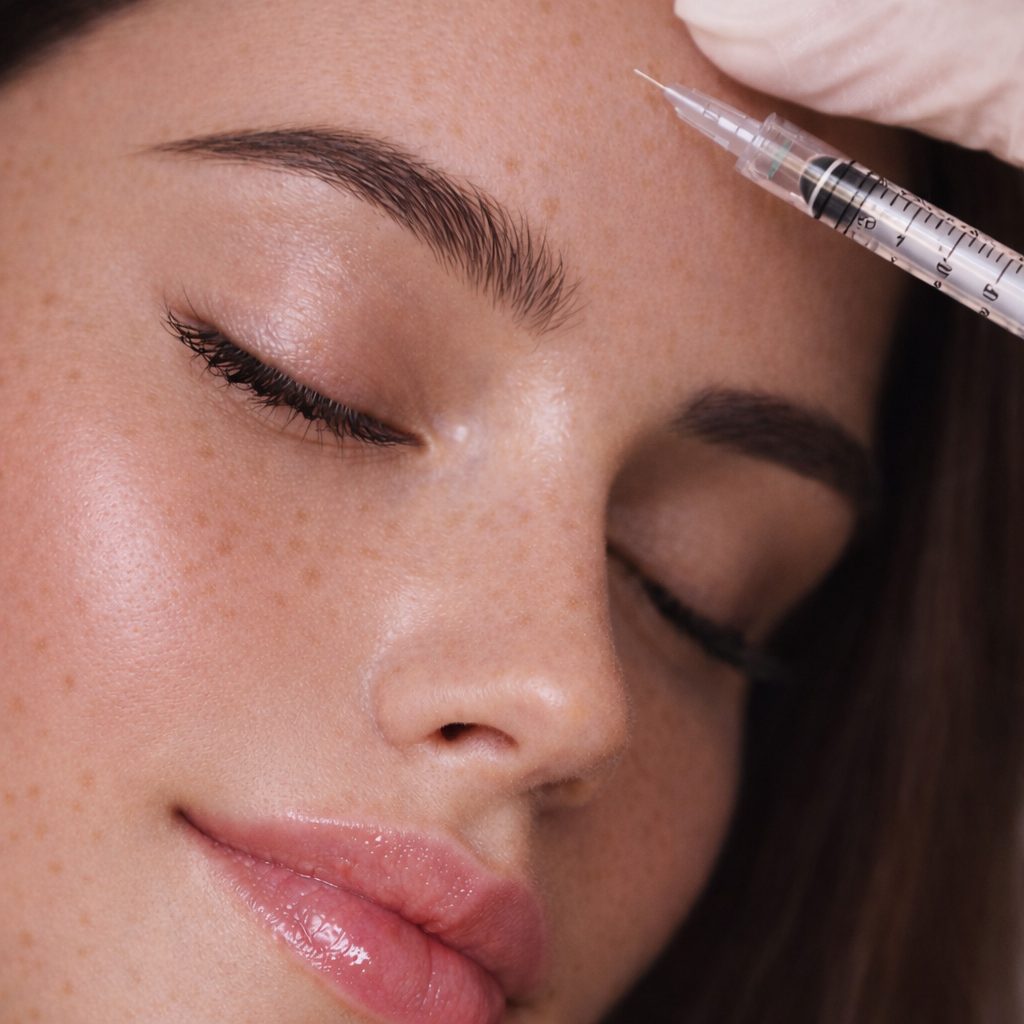 Woman receiving a facial treatment with a syringe from a skincare professional.