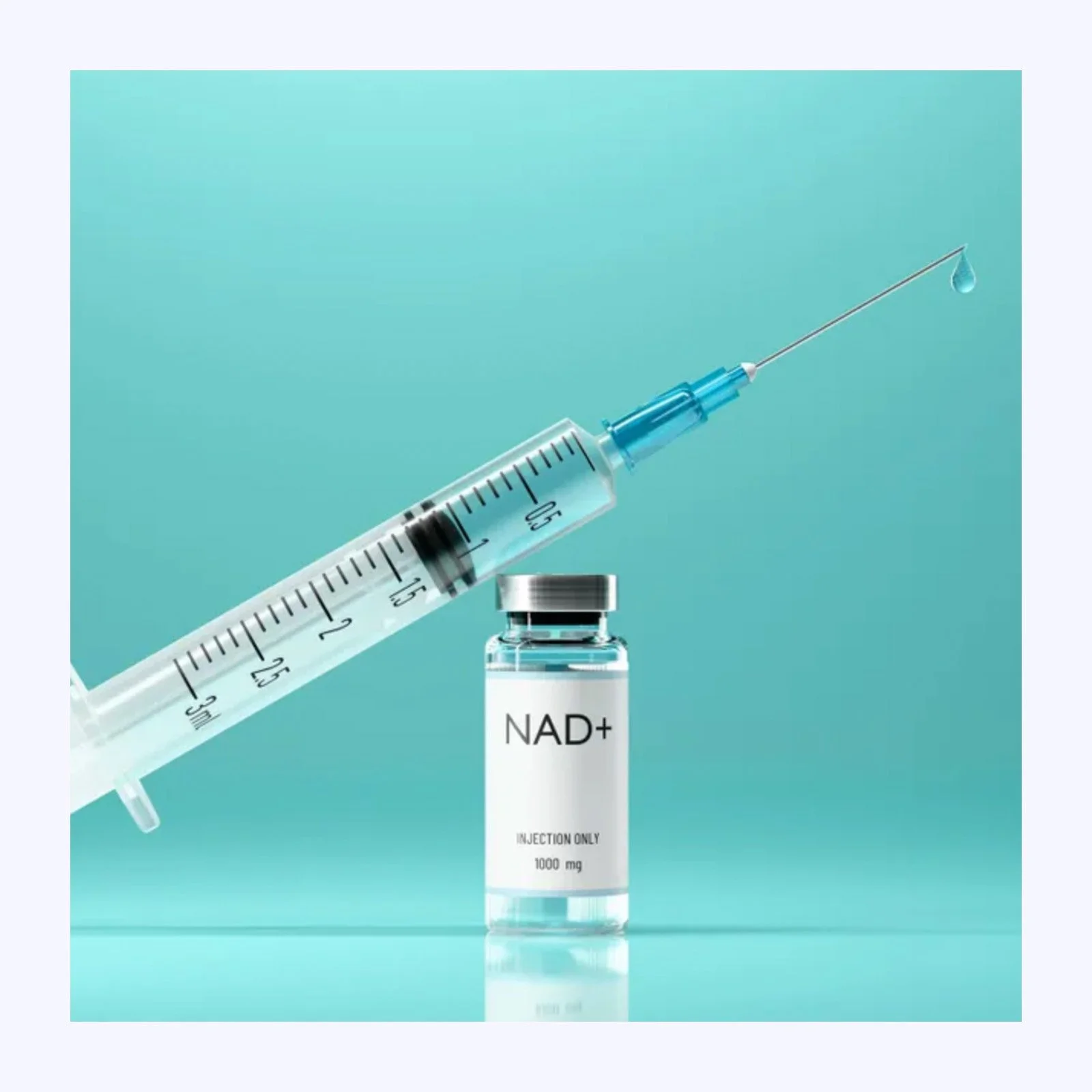 A syringe with a drop of liquid and a vial labeled 'NAD+' on a turquoise background.