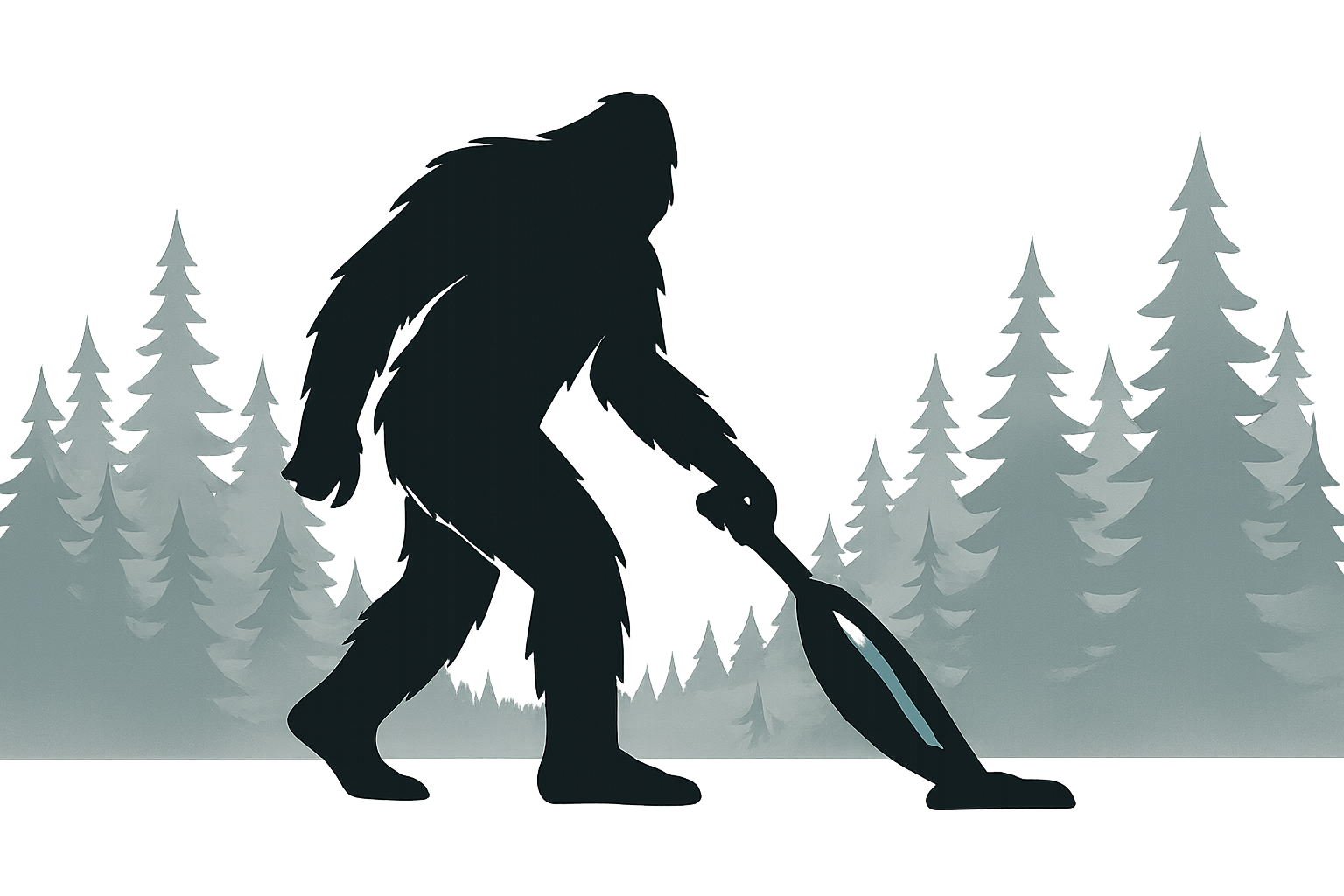 Silhouette of Bigfoot in a forest with tall pine trees in the background, during foggy or dim lighting.