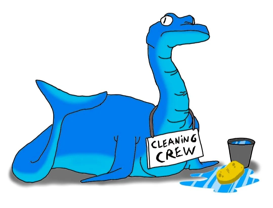Cartoon of a blue dinosaur with a cleaning crew sign around its neck, cleaning supplies like sponge, bucket, and clorox wipes on the floor.