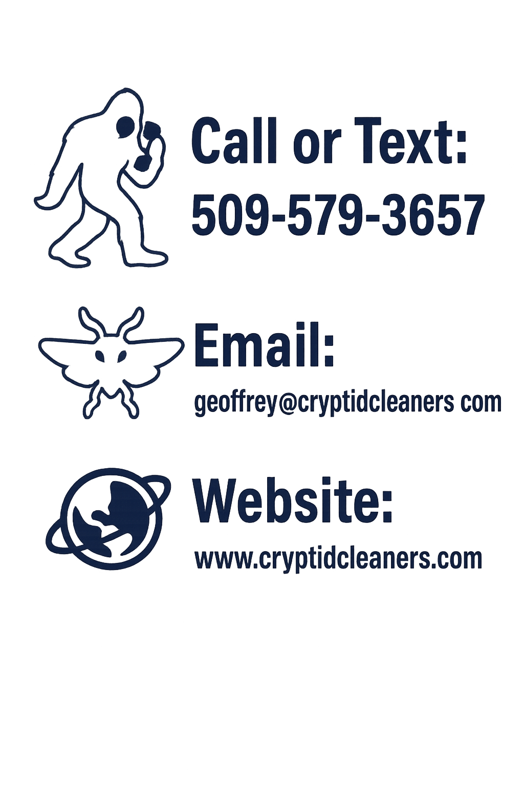 Business card for a cleaning service, featuring a gorilla and a moth logo, with the contact number 509-579-3657, email geoffrey@cryptidcleaners.com, and website www.cryptidcleaners.com.