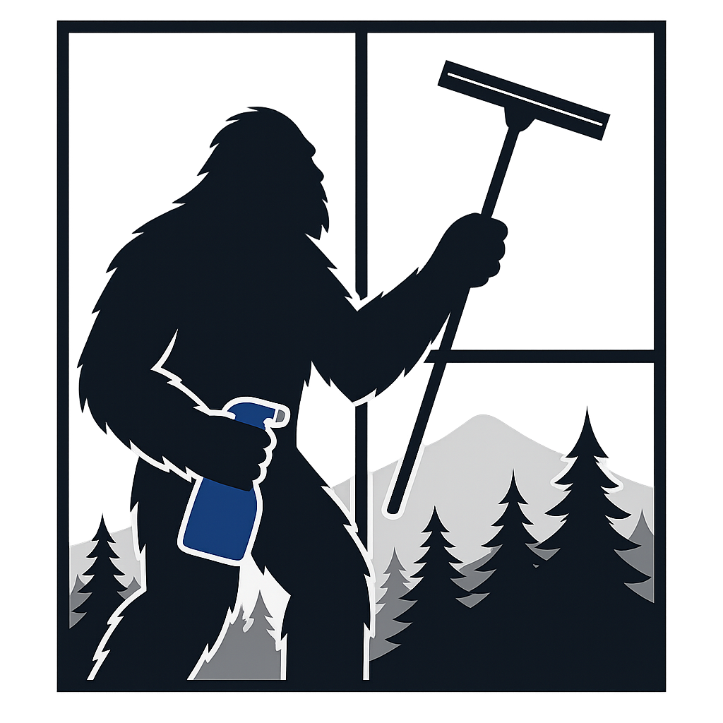 A silhouette of Bigfoot holding a spray bottle and a window squeegee, cleaning a window with forest and mountain scenery in the background.