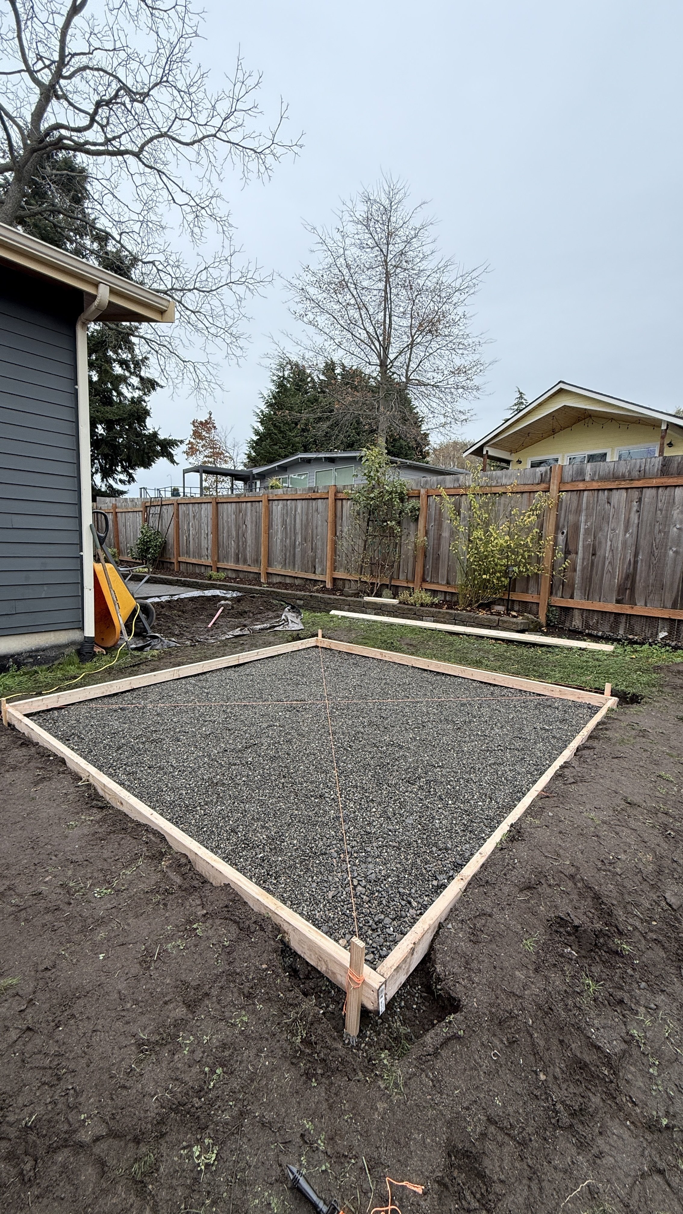 A backyard with a newly constructed gravel patio area outlined with wooden boards, surrounded by dirt and grass, with neighboring houses and a wooden fence in the background.