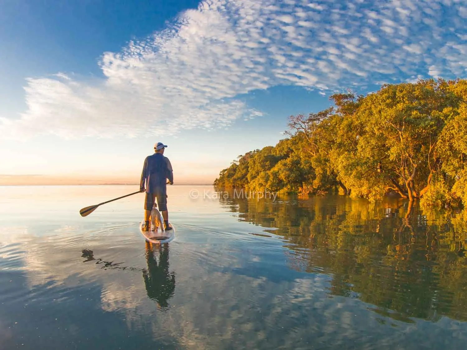 Best friends paddle together, as the sun rises over Moreton Bay,