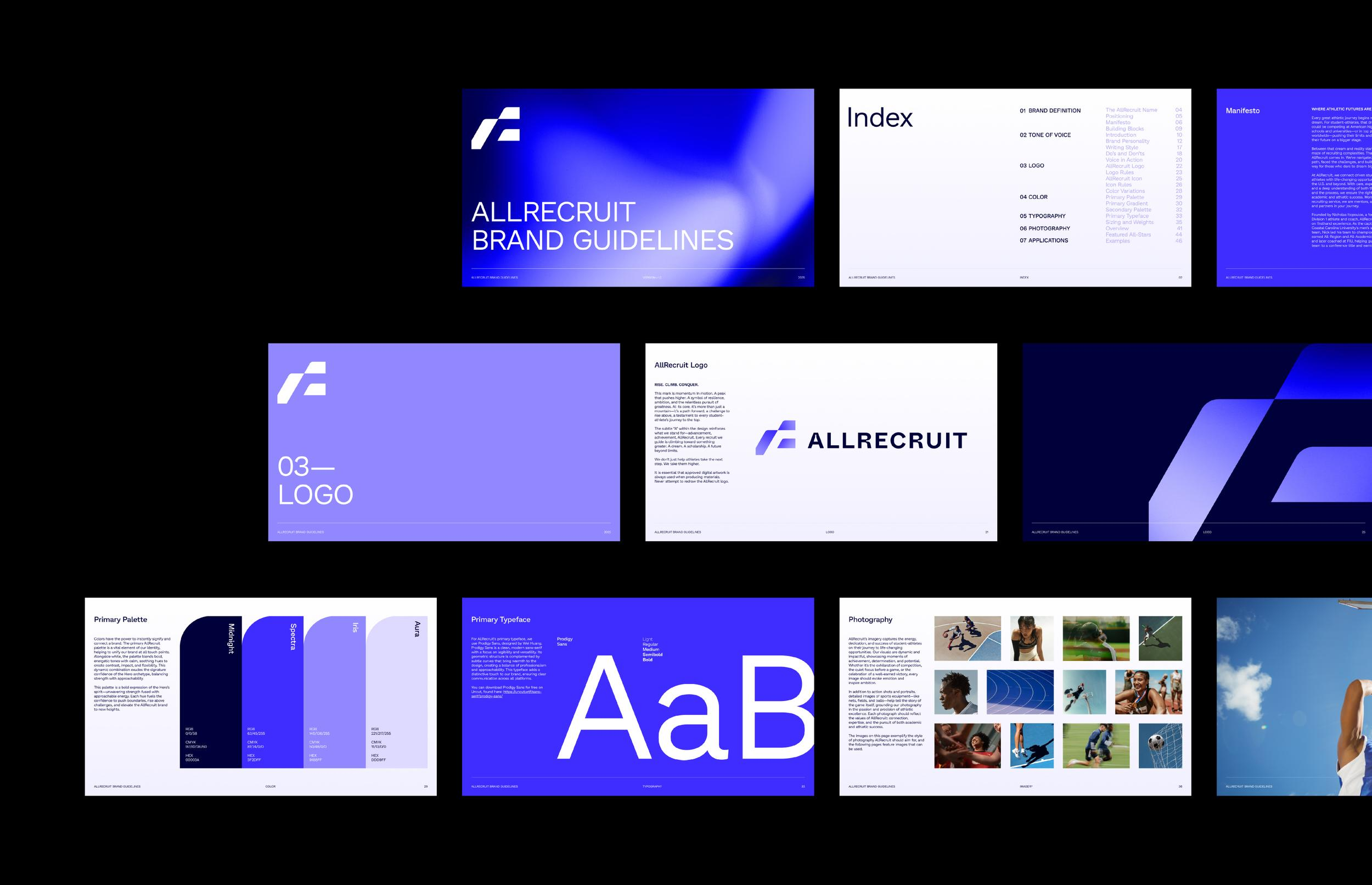 A series of slides from a branding guideline presentation for Allrecruit, featuring a blue and purple color palette, logo, typography, photography examples, and an index of contents.