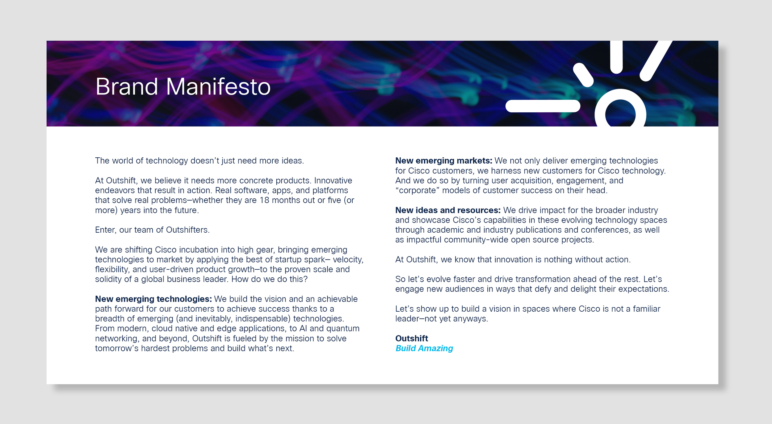 A digital brochure titled "Brand Manifesto" featuring a colorful abstract background with purple, blue, and green lines, and white text discussing technological innovation and Cisco technology.