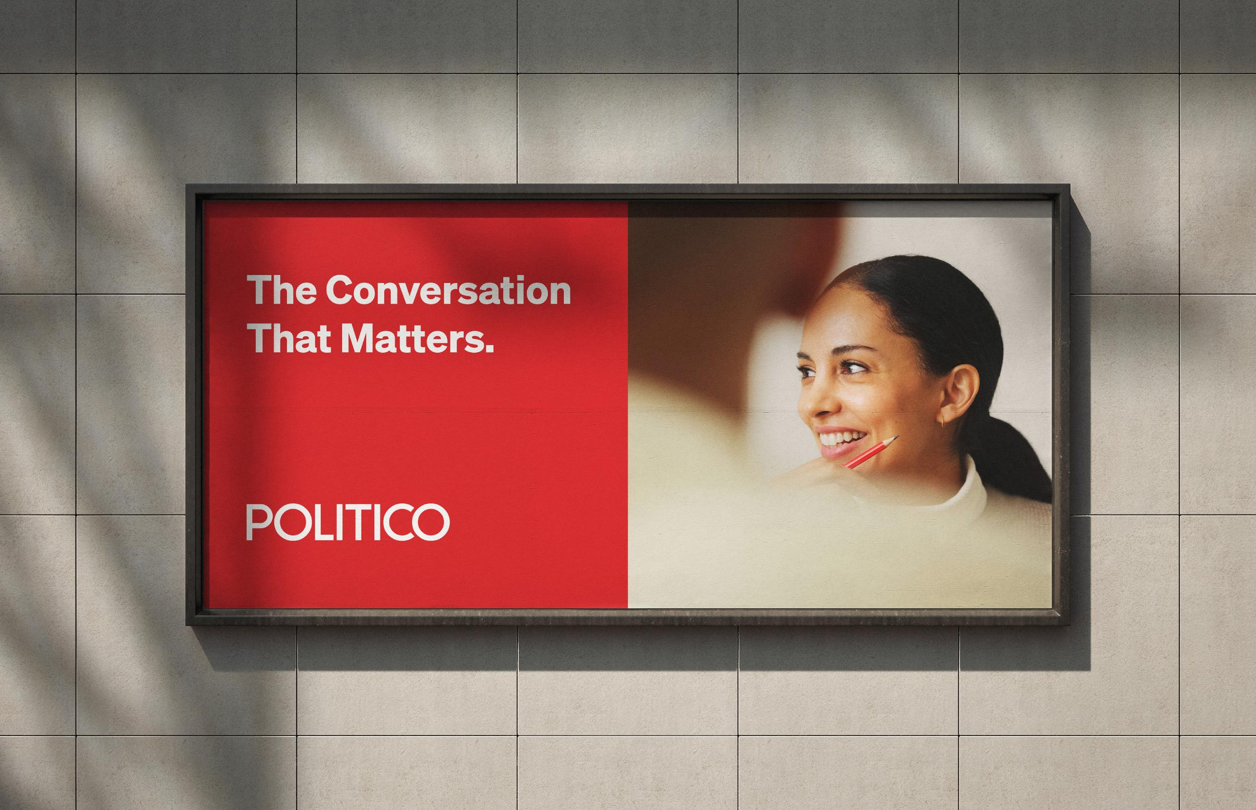 Advertisement with a red background on the left side and a smiling woman on the right side, with the text 'The Conversation That Matters.' and 'POLITICO'.
