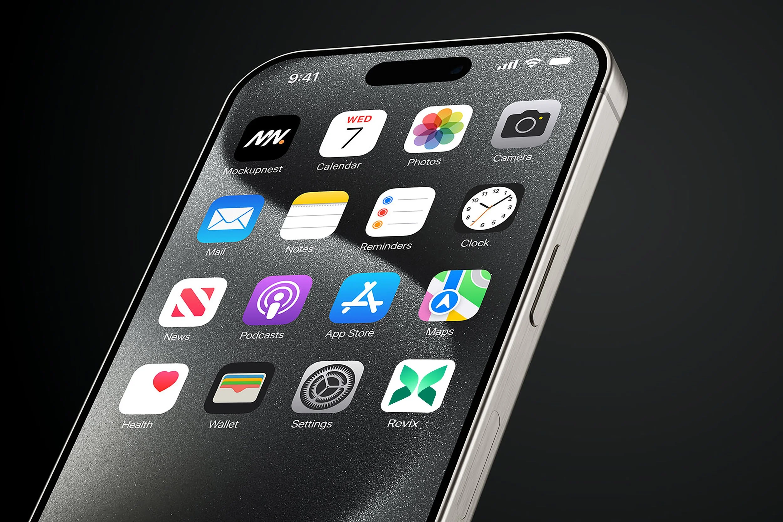 Close-up of a smartphone screen showing various app icons on a black background.