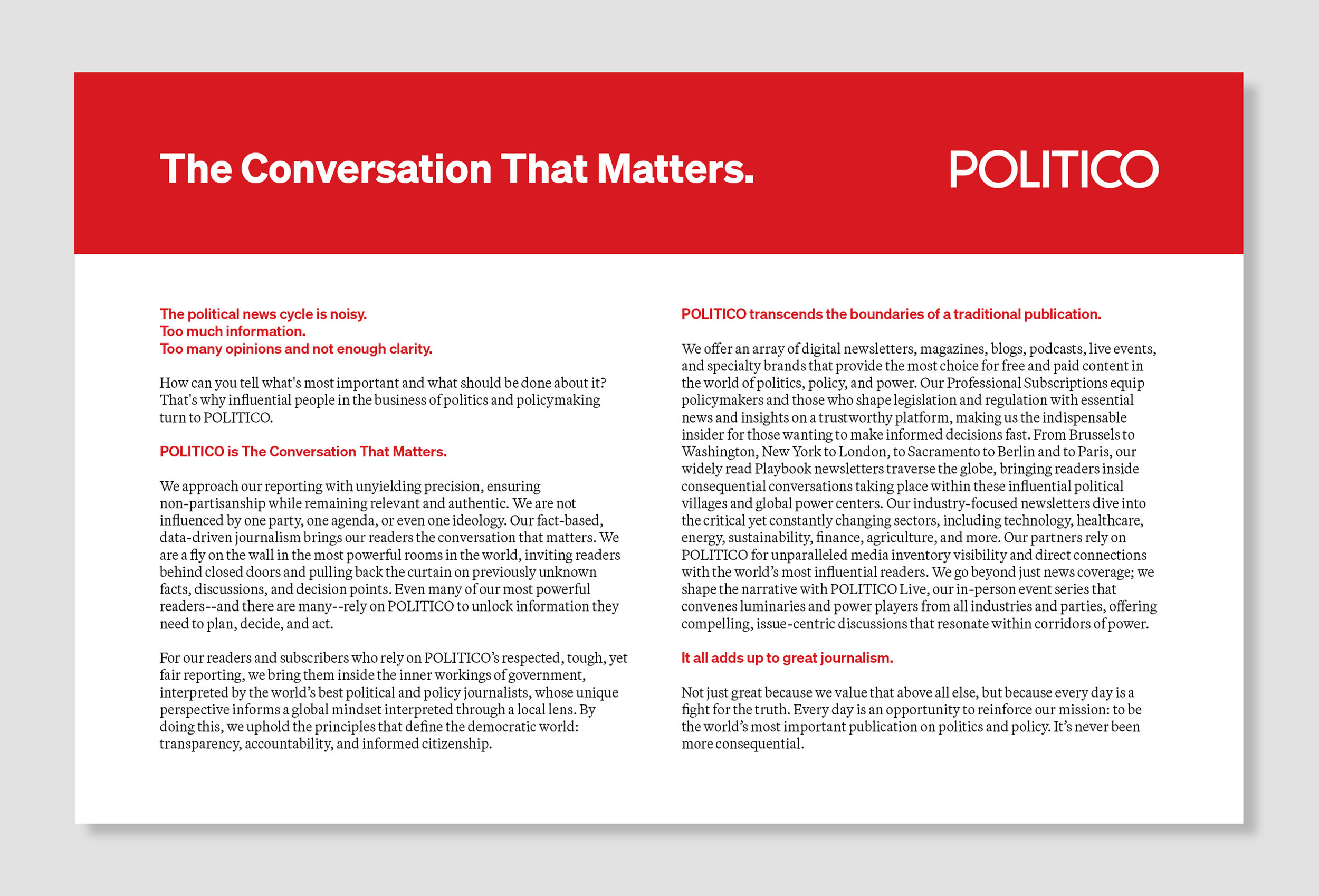 A webpage from POLITICO titled 'The Conversation That Matters' with a red header, white background, and columns of black and red text discussing the importance of journalism and POLITICO's role in political reporting.
