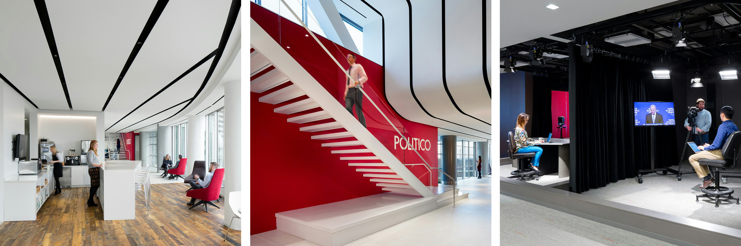 Collage of three images: First shows a modern office lounge with white walls, wooden flooring, red chairs, and people working or relaxing. Second shows a brightly lit staircase with a red wall behind it and the word 'POLITICO' on it. Third shows a TV studio with a woman interviewing a man, and a camera crew filming.